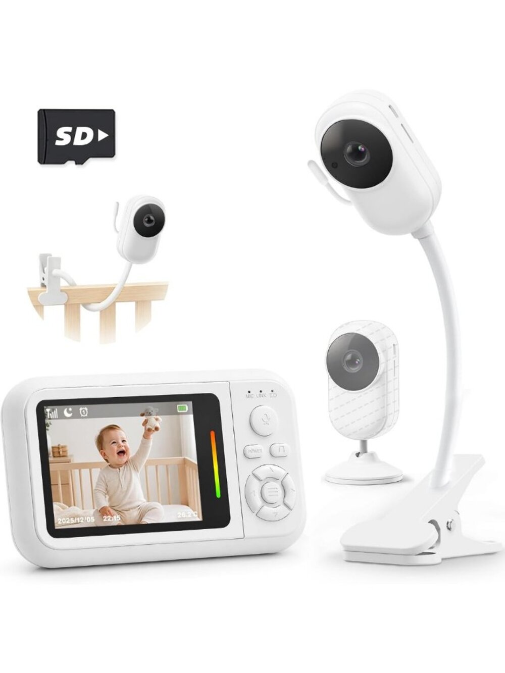 Video Baby Monitor with Camera & Audio, No WiFi, Crib Clip & Wall Mount